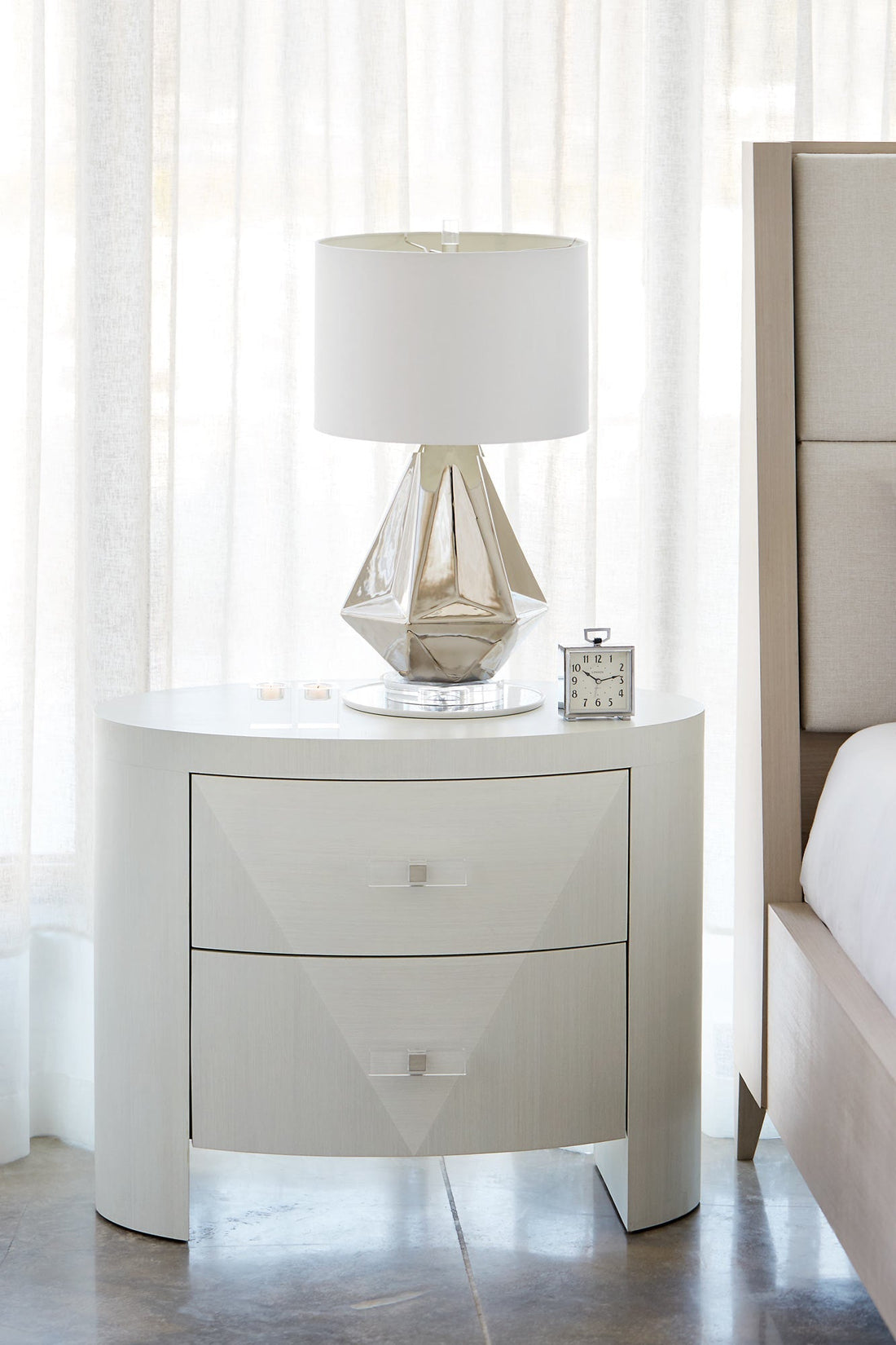 Bernhardt Axiom Oval Nightstand with 2-Drawer in Linear White